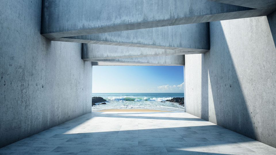 concrete bridge with zig zag pattern viewing the ocean