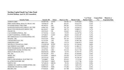 Small Cap Value Fund Monthly Holdings Report