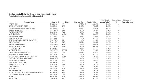 Behavioral Large Cap Value Equity Fund Monthly Holdings Report
