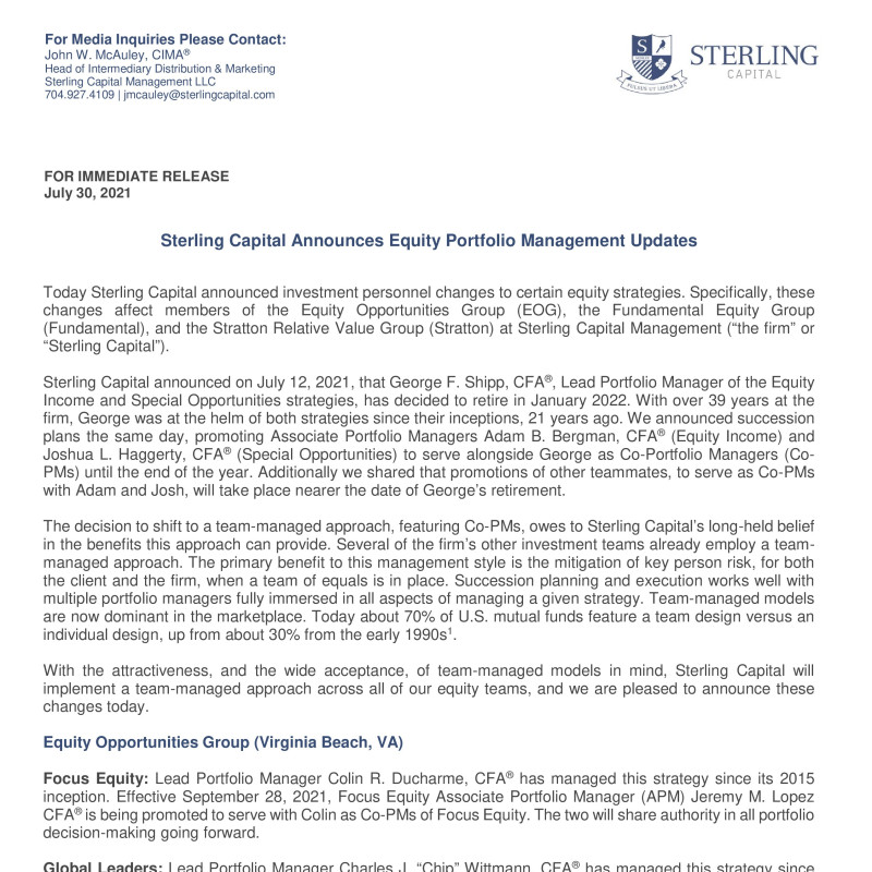 Document Thumbnail: Sterling Capital Announces Equity Portfolio Management Updates